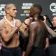 Alex Poatan e Israel Adesanya frente a frente durante encarada na pesagem cerimonial do UFC 287.