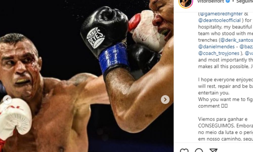 Publicação feita por Vitor Belfort no seu perfil do Instagram sobre sua vitória em cima de Ronaldo Jacaré no Gamebred Boxing 4.