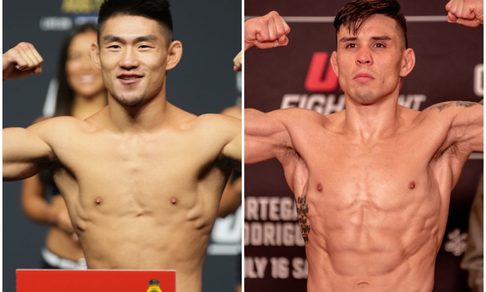 Song Yadong e Ricky Simon durante pesagens feitas no Ultimate