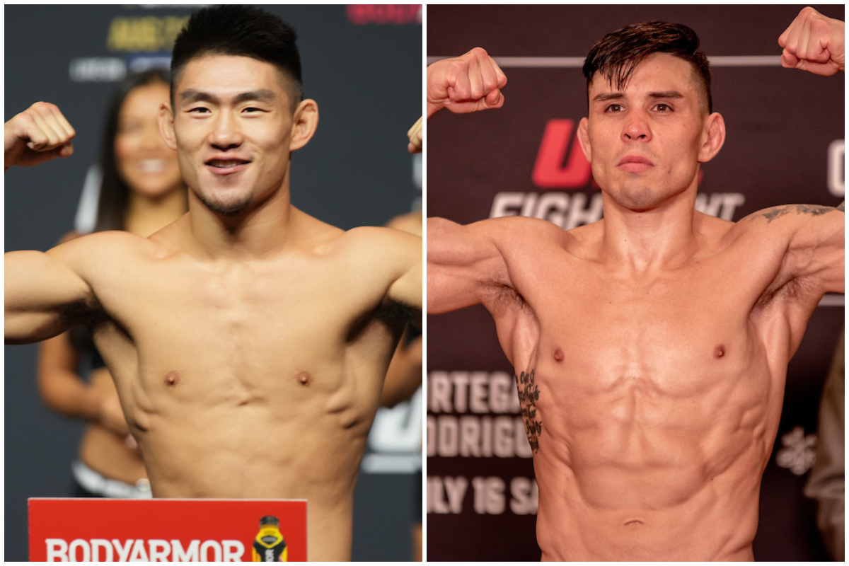 Song Yadong e Ricky Simon durante pesagens feitas no Ultimate