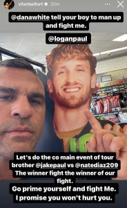 Vitor Belfort desafia Logan Paul para luta de boxe em evento liderado por Jake Paul vs Nate Diaz