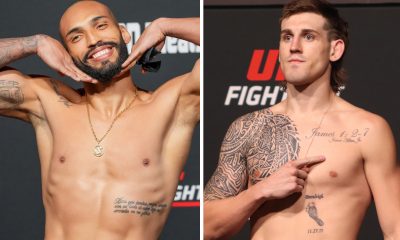 Bruno Blindado e Brendan Allen posam na balança antes de seus respectivos compromissos pelo UFC.