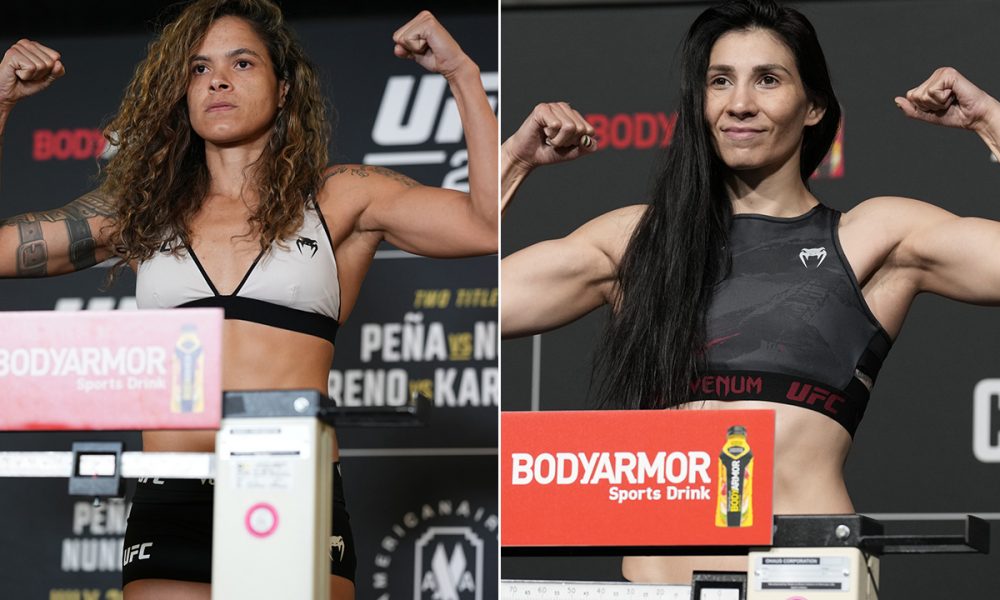 Amanda Nunes e Irene Aldanaa se pesam antes de suas lutas no UFC