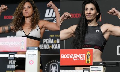Amanda Nunes e Irene Aldanaa se pesam antes de suas lutas no UFC