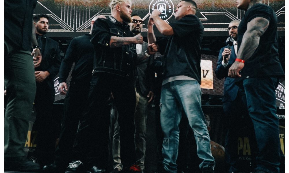 Jake Paul e Nate Diaz fazem encarada na primeira coletiva de imprensa de promoção do confronto entre os dois.