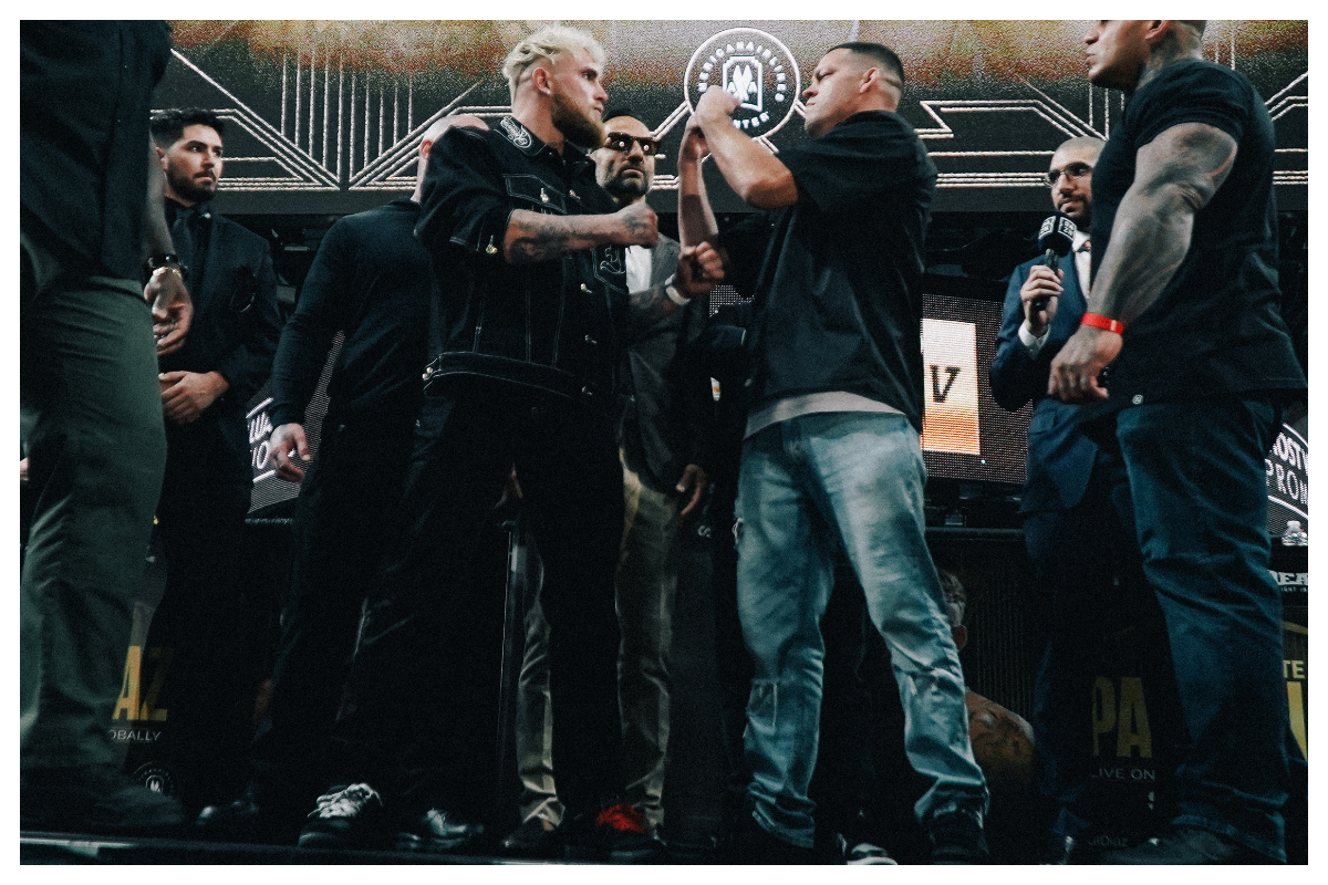 Jake Paul e Nate Diaz fazem encarada na primeira coletiva de imprensa de promoção do confronto entre os dois.