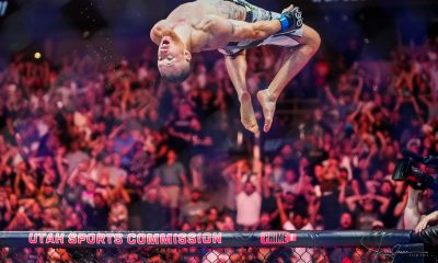 Gaethje comemora a vitória no UFC 291 ao seu estilo