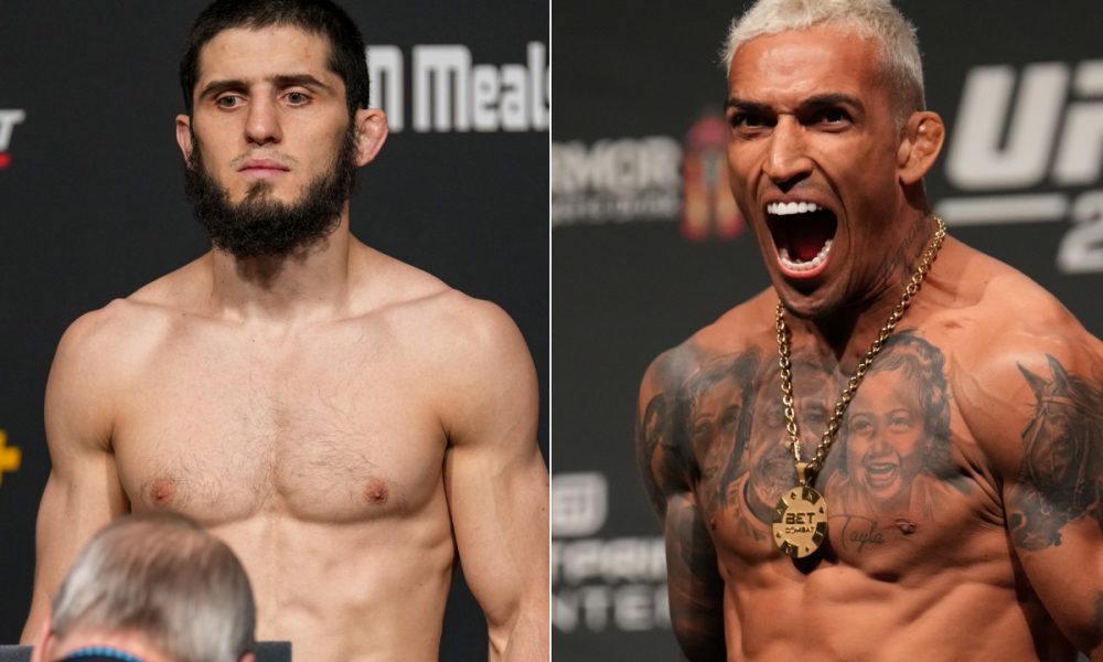Islam Makhachev e Charles Do Bronxs posam para fotos durante a pesagem