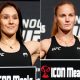 Alexa Grasso e Valentina Shevchenko posam para fotos após se pesarem para o Noche UFC