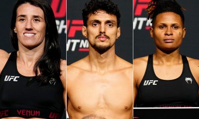Ricardo Carcacinha, Marina Rodriguez e Tamires Vidal posam para fotos após suas lutas no UFC