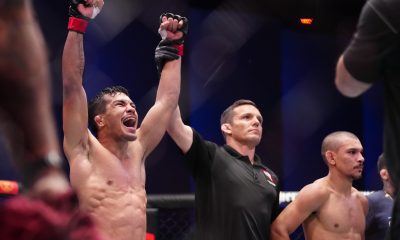 Igor da Silva grita para celebrar o anúncio de sua vitória no Contender Series