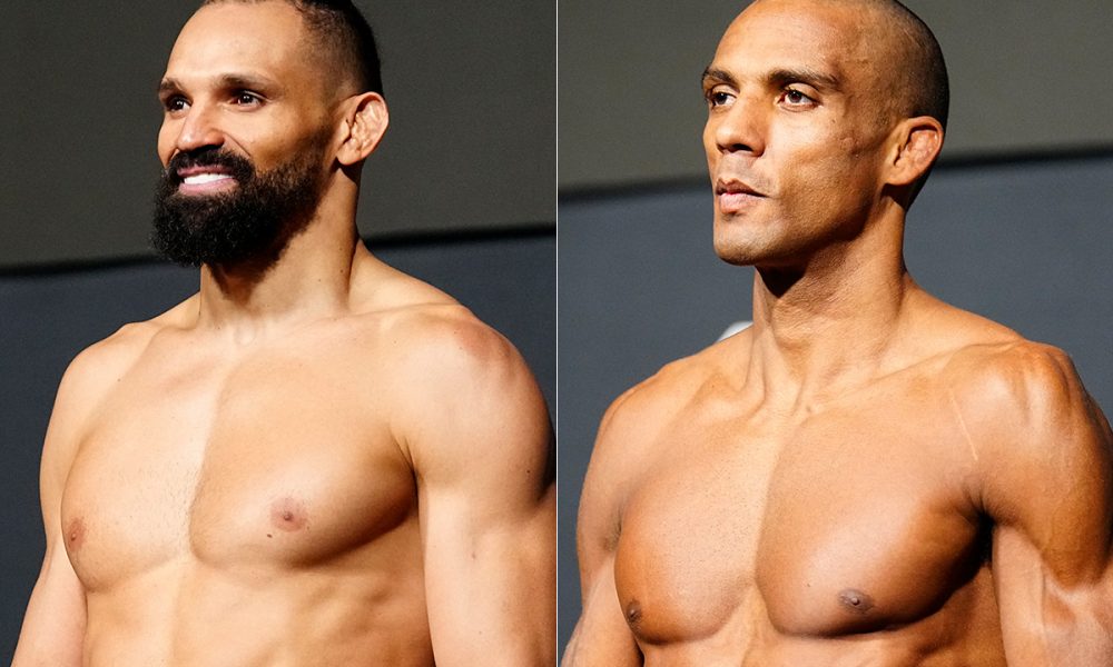 Michel Pereira e Edson Barboza posam para fotos após vencerem a balança do UFC
