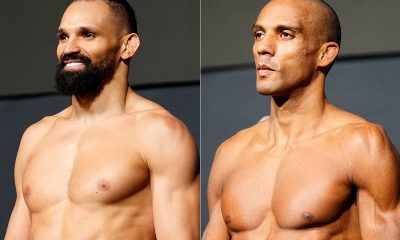 Michel Pereira e Edson Barboza posam para fotos após vencerem a balança do UFC