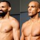 Michel Pereira e Edson Barboza posam para fotos após vencerem a balança do UFC