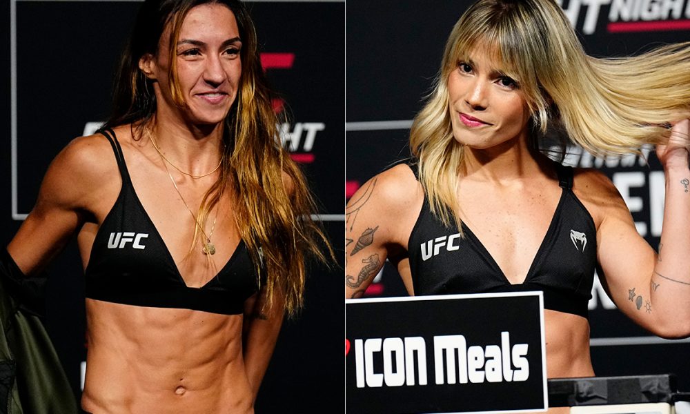 Amanda Ribas e Luana Pinheiro posam para fotos durante a pesagem do UFC Vegas
