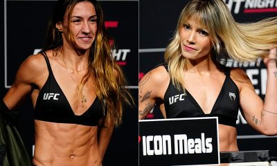 Amanda Ribas e Luana Pinheiro posam para fotos durante a pesagem do UFC Vegas