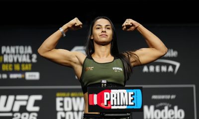 Ariane Lipski na pesagem cerimonial do UFC 296.