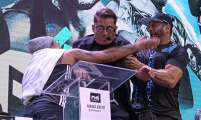 Popó quase acerta tapa no rosto de Bambam na coletiva do FMS 4.