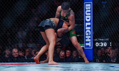 Mayra Sheetara engaja na luta agarrada com Raquel Pennington no UFC 297.