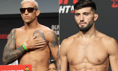 Charles do Bronx e Arman Tsarukyan posam para fotos após se pesarem