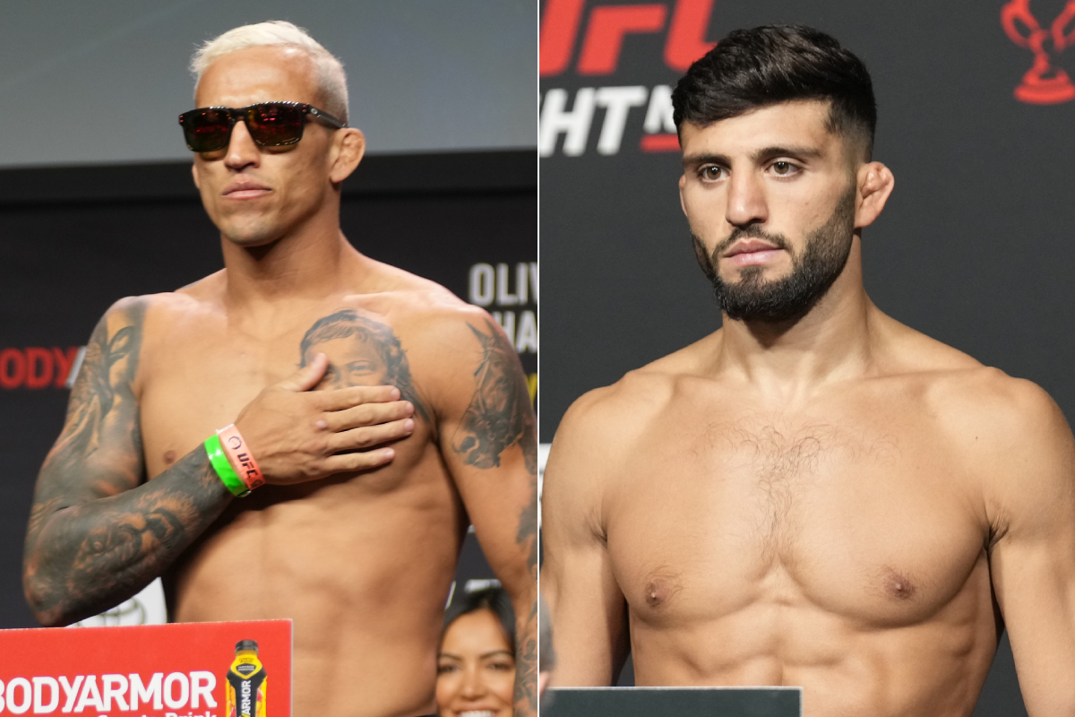 Charles do Bronx e Arman Tsarukyan posam para fotos após se pesarem