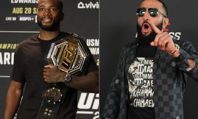 Leon Edwards e Belal Muhammad conversam com a imprensa e posam para fotos