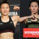 Weili Zhang e Yan Xiaonan posam para fotos após se pesarem antes de suas lutas no UFC