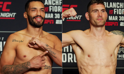 Bruno Blindado e Chris Weidman posam para fotos logo após vencerem a balança do UFC