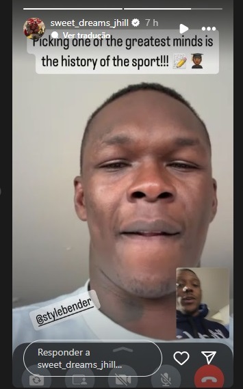 Jamahal Hill e Israel Adesanya conversam em chamada de vídeo.
