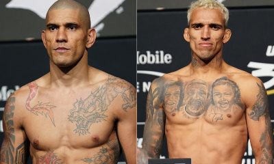 Alex Poatan e Charles do Bronx posam para fotos após se pesarem para o UFC 300