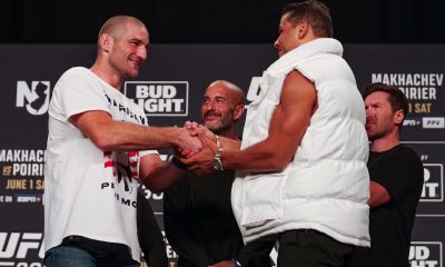 Sean Strickland e Paulo Borrachinha se cumprimentam na coletiva de imprensa pré-UFC 302.