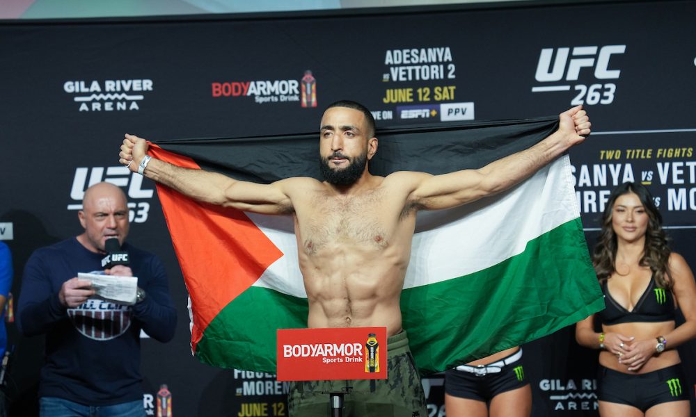 Belal Muhammad exibe bandeira da Palestina na pesagem do UFC 263