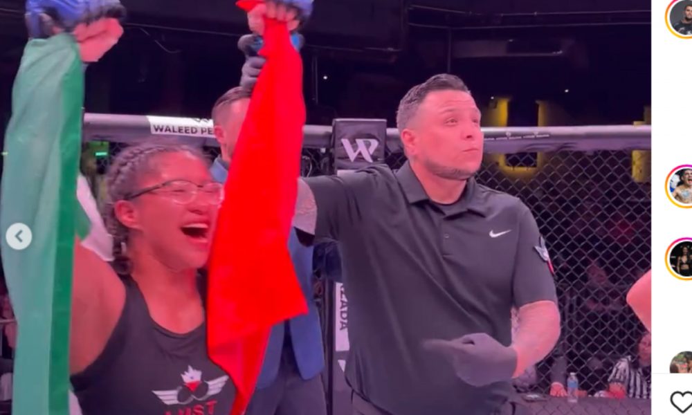 Kenia Rosas celebra sua vitória, que foi transformada em derrota minutos mais tarde