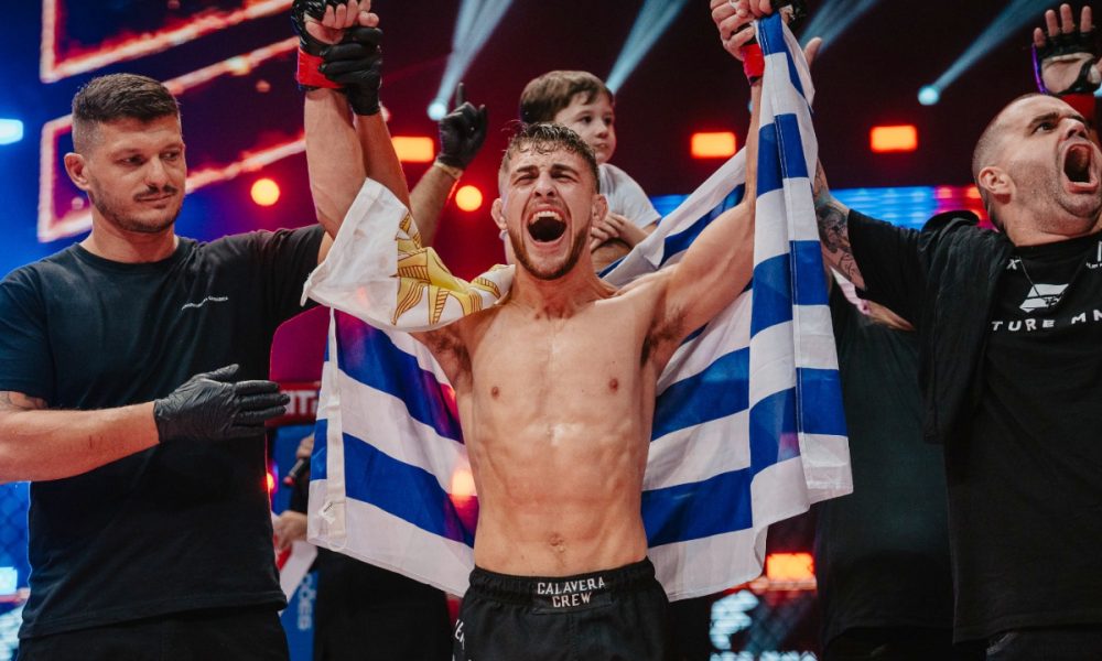 Agustin Paez vibra após vencer a luta principal do Future MMA 14