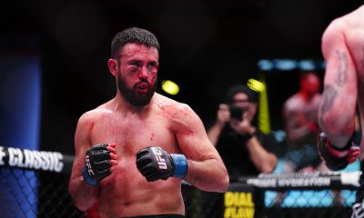 Daniel Frunza com o rosto desfigurado durante luta no UFC Vegas 105