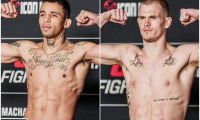 Carlos Prates e Ian Garry posam para fotos após passarem pela balança do UFC Kansas CIty