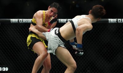 Ariane Lipski recebendo um chute de Wang Cong durante o UFC 316