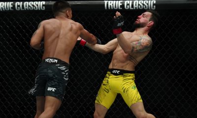 Joshua Van acertando soco em Bruno Bulldog em duelo no UFC 316