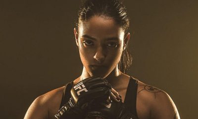 Alice Pereira com as mãos juntas e de luva de MMA