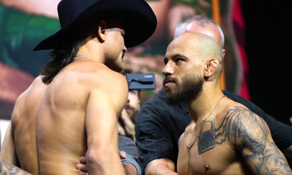 Diego Lopes e Jean Silva se encaram durante a pesagem cerimonial do Noche UFC -