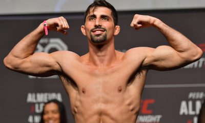 Kauê Fernandes passa pela balança na pesagem cerimonial do UFC São Paulo. em 2023