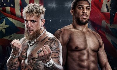 Jake Paul e Anthony Joshua em banner de divulgação