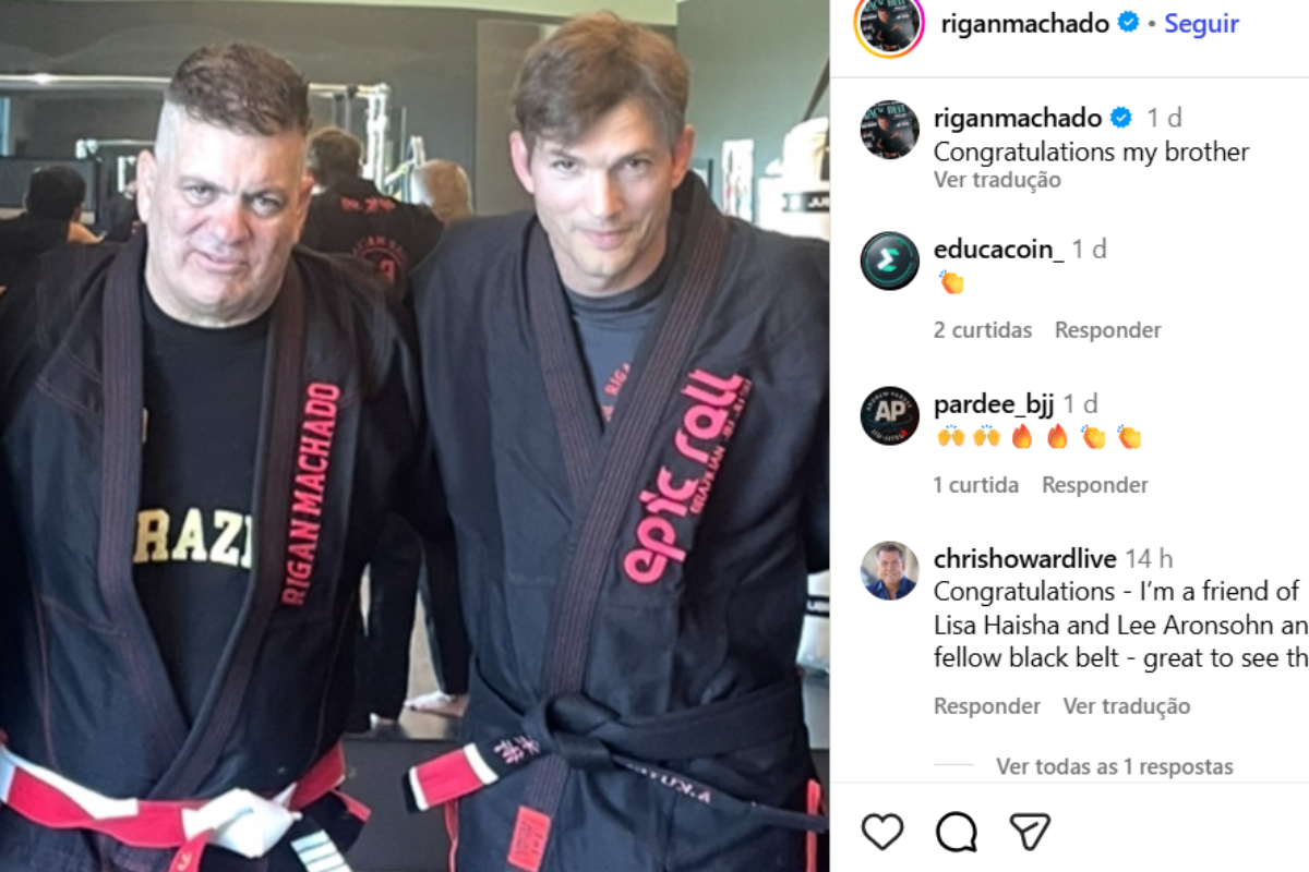 Astro de Hollywood, Ashton Kutcher recebe a faixa-preta de jiu-jitsu das mãos de brasileiro
