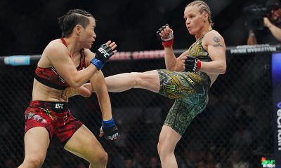 Valentina Shevchenko chuta Zhang Weilo no UFC 322