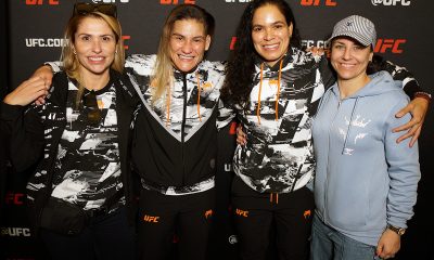 Amanda Nunes e Priscila Cachoeira Pedrita posando para foto durante o Media Day do UFC Vegas 113