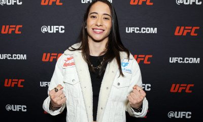 Sorridente, Bruna Brasil posa para foto no media day do UFC Vegas 113