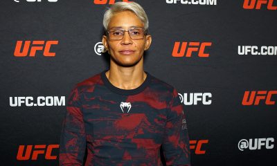 De óculos e cabelo platinado, Amanda Lemos posa para foto no media day do UFC Vegas 114