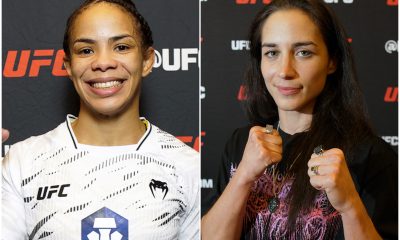 Dione Barbosa e Veronica Hardy posam para fotos no media day do UFC